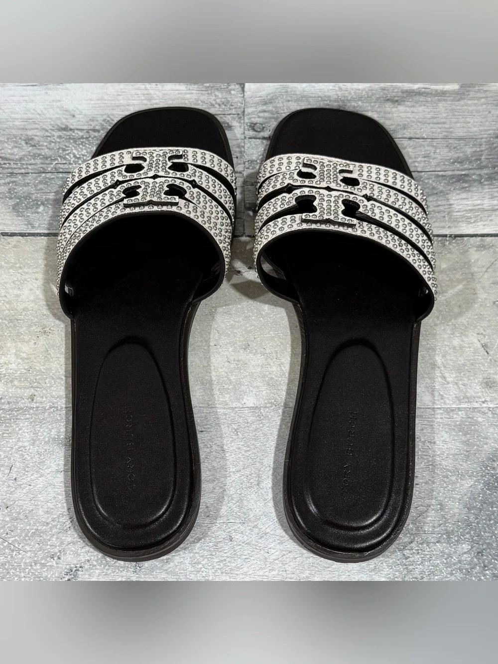 TORY BURCH Ines Leather Studded Slide Flat Sandal - White - Size - 8.US